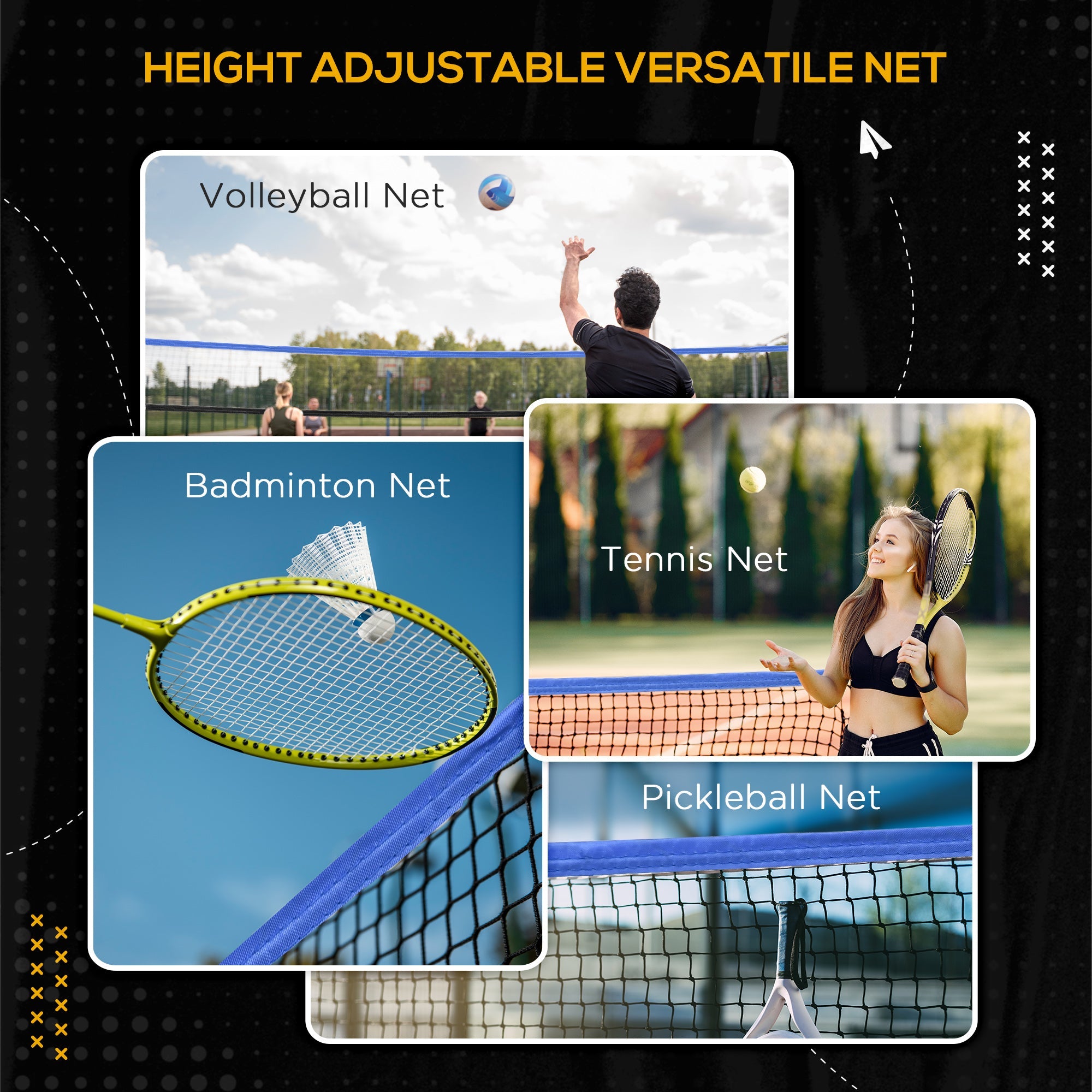 4m Badminton Net, Height Adjustable Outdoor Sports Net, with Carry Bag, for Tennis, Pickleball, Volleyball, Blue